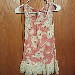 Point Pink Floral Lace Tunic Tank Top